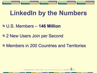 2
LinkedIn by the Numbers
U.S. Members – 146 Million
2 New Users Join per Second
Members in 200 Countries and Territories
© Copyright 2018 – Denis Curtin – www.JobSearchChicago.com – All Rights Reserved
 