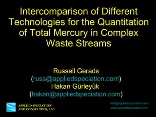 Intercomparison of Different Technologies for the Quantitation of Total Mercury in Complex Waste Streams Russell Gerads ( [email_address] ) Hakan Gürleyük  ( [email_address] ) [email_address] www.appliedspeciation.com APPLIED SPECIATION AND CONSULTING, LLC 