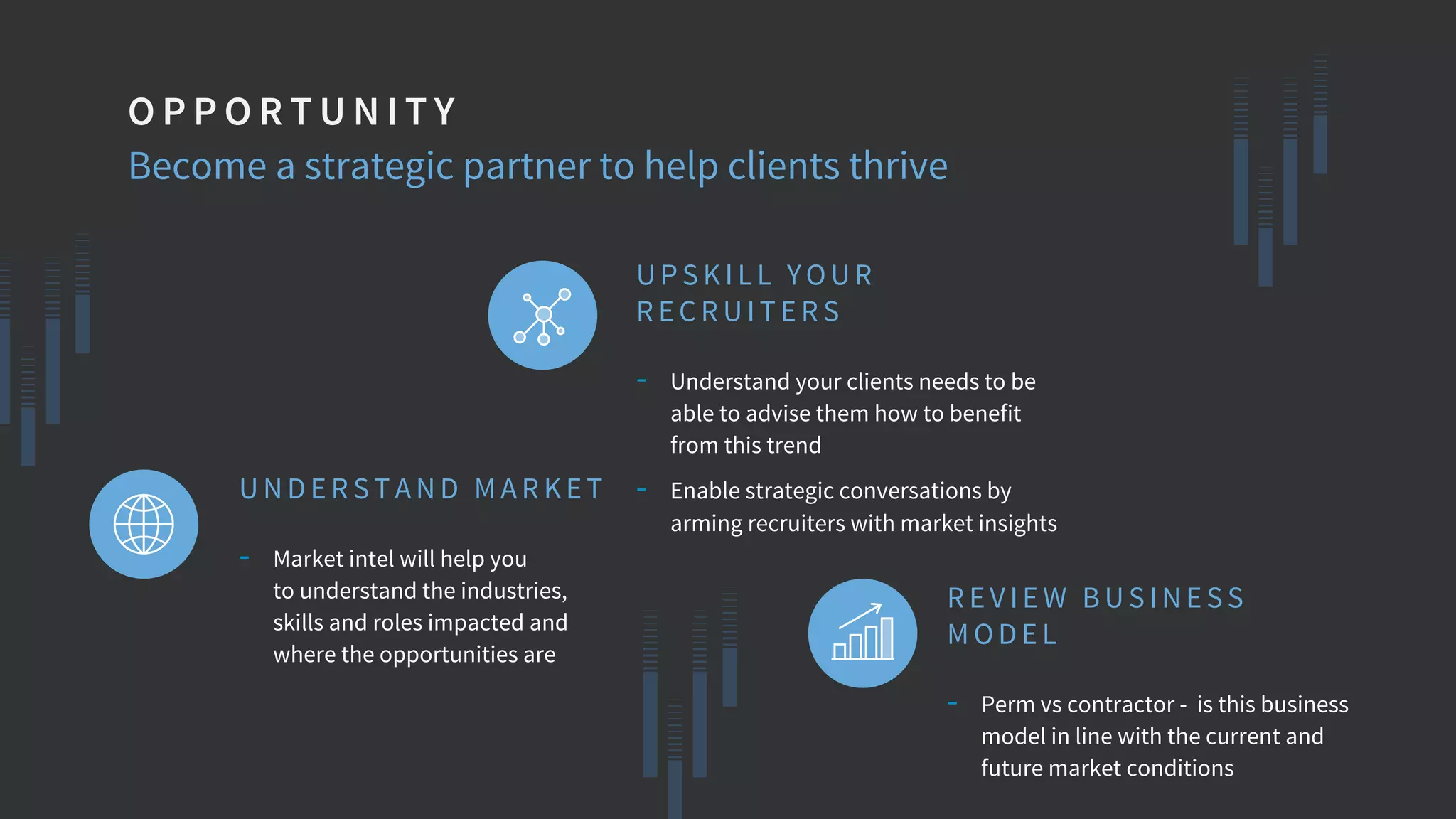 Become a strategic partner to help clients thrive
O P P O R T U N I T Y
R E V IE W BUS IN E S S
M OD E L
- Perm vs contractor - is this business
model in line with the current and
future market conditions
UPS KIL L YOUR
R E C R UIT E R S
- Understand your clients needs to be
able to advise them how to benefit
from this trend
- Enable strategic conversations by
arming recruiters with market insights
UND E R S T AND M AR KE T
- Market intel will help you
to understand the industries,
skills and roles impacted and
where the opportunities are
 