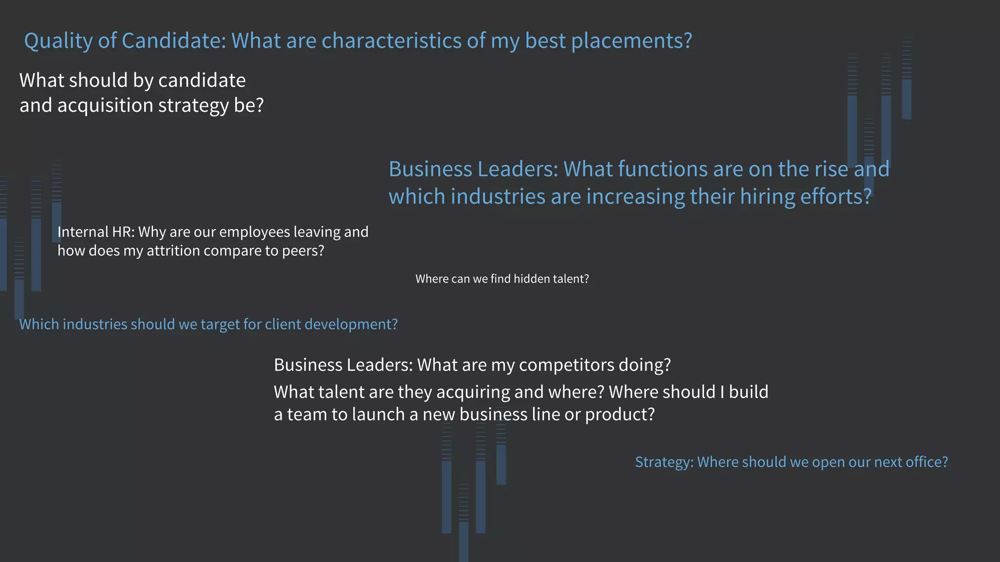 Quality of Candidate: What are characteristics of my best placements?
Which industries should we target for client development?
Business Leaders: What are my competitors doing?
What talent are they acquiring and where? Where should I build
a team to launch a new business line or product?
Where can we find hidden talent?
Business Leaders: What functions are on the rise and
which industries are increasing their hiring efforts?
Strategy: Where should we open our next office?
Internal HR: Why are our employees leaving and
how does my attrition compare to peers?
What should by candidate
and acquisition strategy be?
 