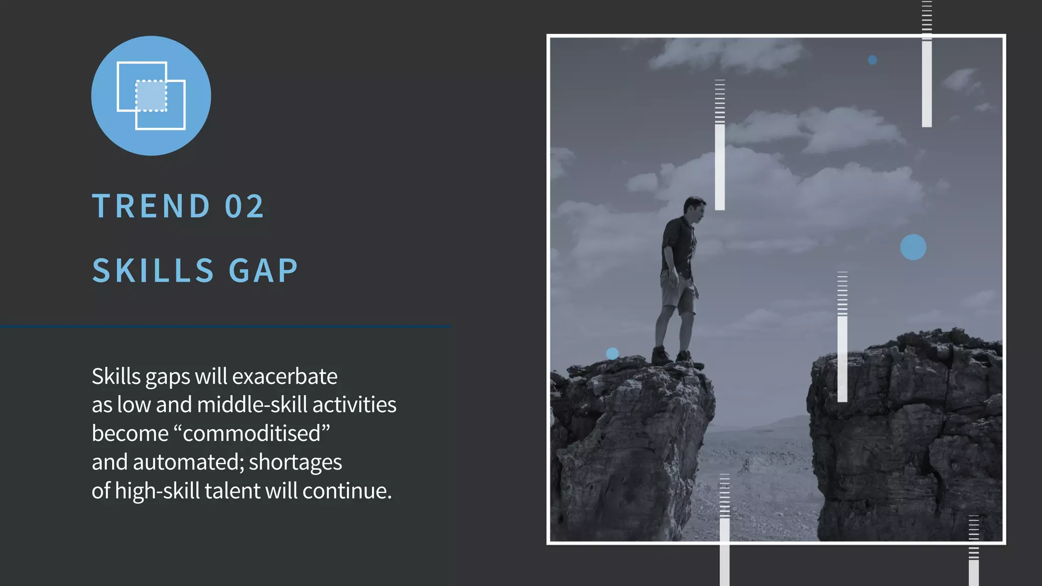 TREND 02
SKILLS GAP
Skills gaps will exacerbate
as low and middle-skill activities
become “commoditised”
and automated; shortages
of high-skill talent will continue.
 