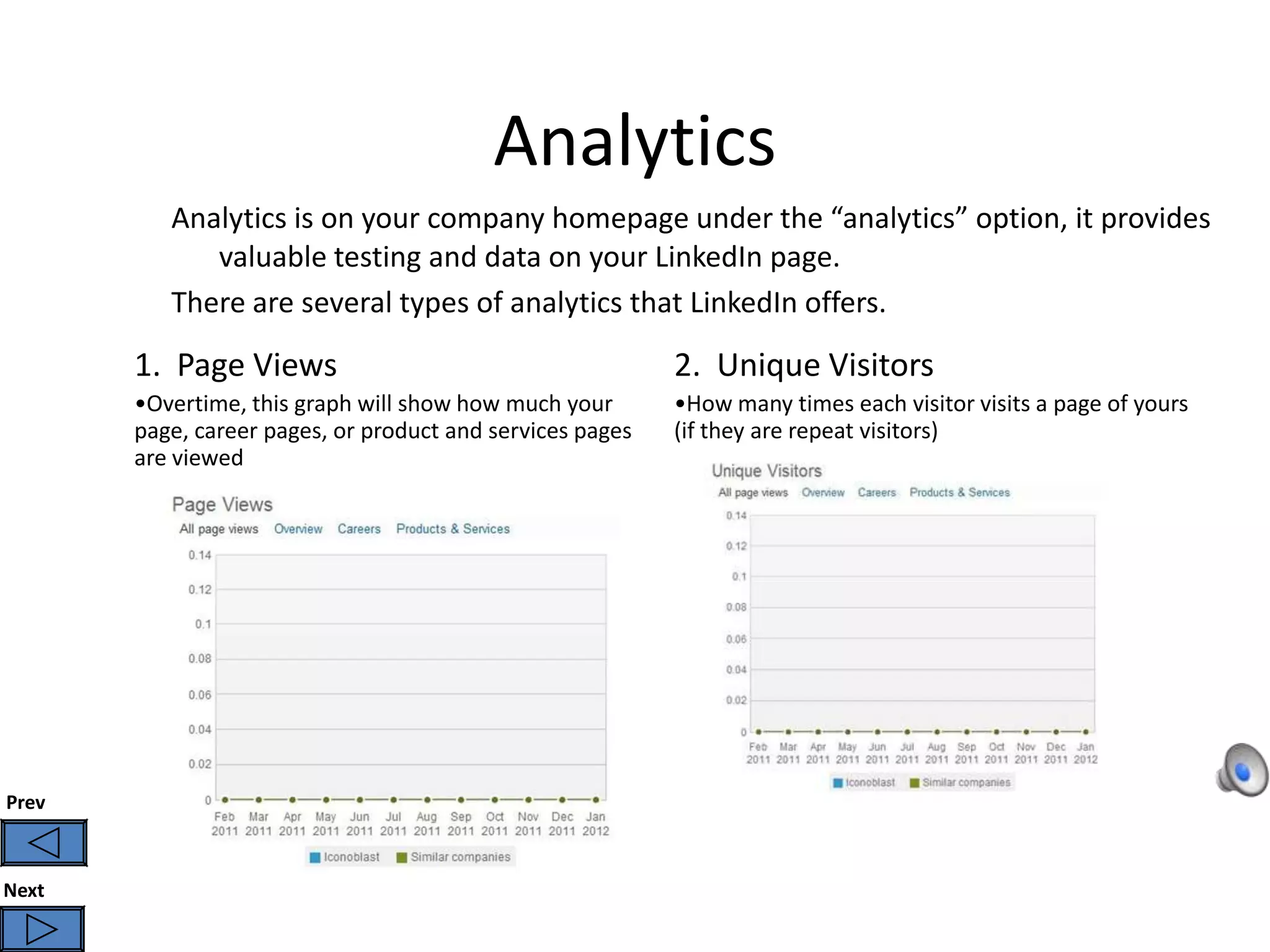 Analytics
          Analytics is on your company homepage under the “analytics” option, it provides
             valuable testing and data on your LinkedIn page.
          There are several types of analytics that LinkedIn offers.

       1. Page Views                                       2. Unique Visitors
       •Overtime, this graph will show how much your       •How many times each visitor visits a page of yours
       page, career pages, or product and services pages   (if they are repeat visitors)
       are viewed




Prev



Next
 