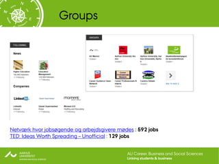 Groups




Netværk hvor jobsøgende og arbejdsgivere mødes : 592 jobs
TED: Ideas Worth Spreading – Unofficial : 129 jobs


                                             AU Career, Business and Social Sciences
                                             Linking students & business
 
