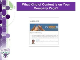 What Kind of Content is on Your
              Company Page?
   GRAPEVINE CHAMBER OF COMMERCE
                Presents:




S oc i al M di a 1 01
           e
 