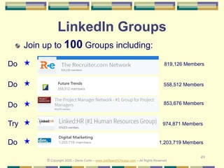 49
LinkedIn Groups
Join up to 100 Groups including:
819,126 Members
558,512 Members
Do
Do
Do
974,871 Members
853,676 Members
Try
© Copyright 2020 – Denis Curtin – www.JobSearchChicago.com – All Rights Reserved
1,203,719 MembersDo
 