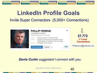 45
LinkedIn Profile Goals
Invite Super Connectors (5,000+ Connections)
Denis Curtin suggested I connect with you.
Used By Permission of Phil Ferenzi
27,772
1st
Level
Connections
 