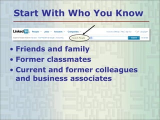 Start With Who You Know Friends and family Former classmates Current and former colleagues and business associates 