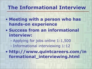 The Informational Interview Meeting with a person who has hands-on experience Success from an informational interview: Applying for jobs online 1:1,500 Informational interviewing 1:12 http://www.quintcareers.com/informational_interviewing.html 