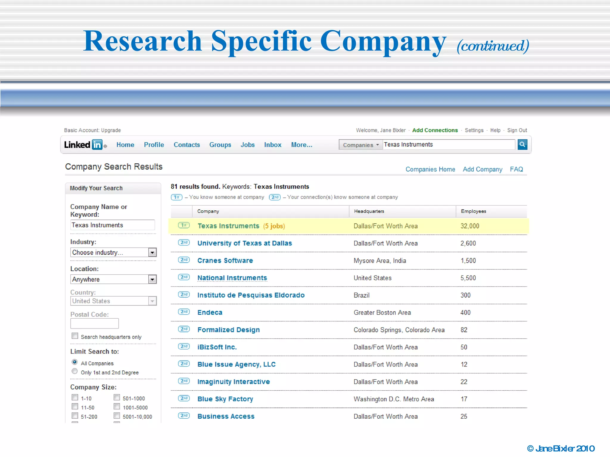 Research Specific Company  (continued) 