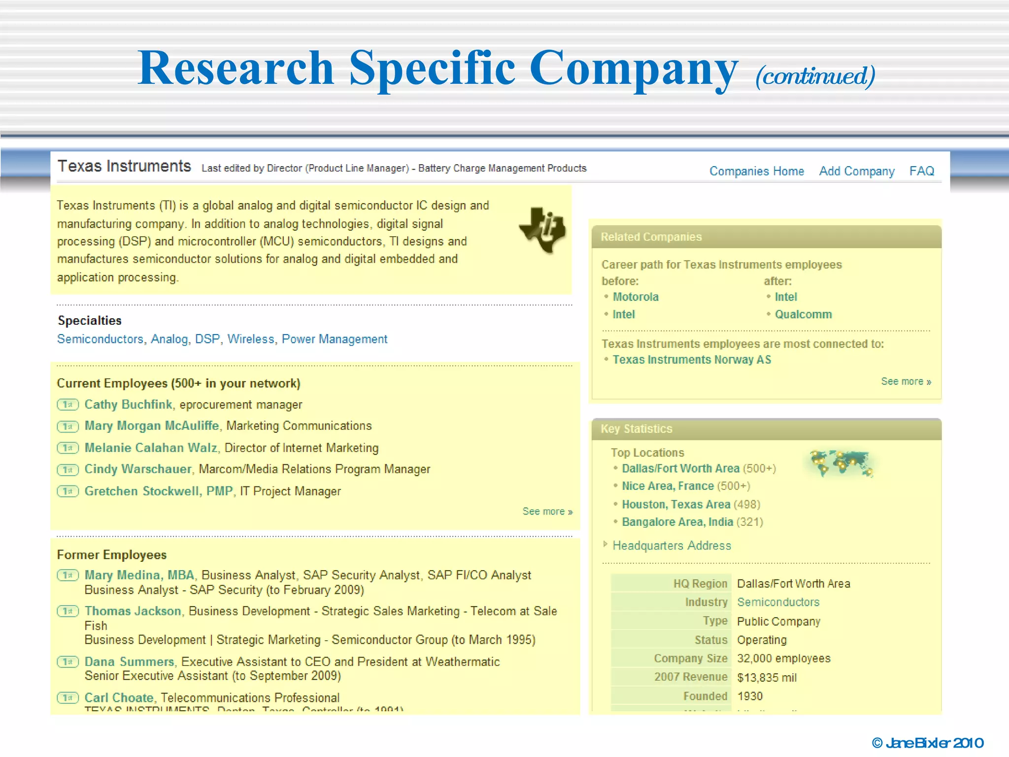 Research Specific Company  (continued) 