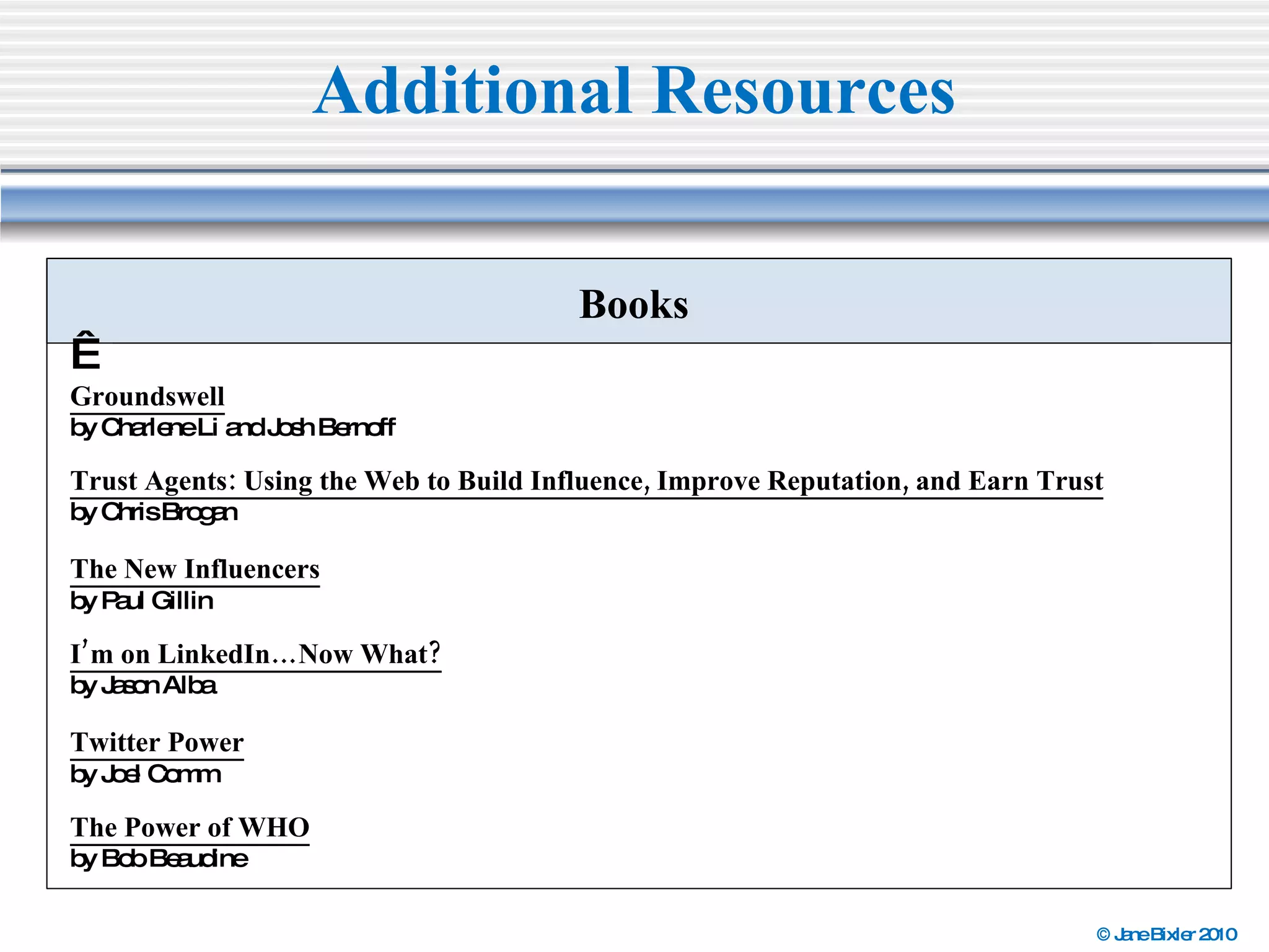 Books   Groundswell by Charlene Li and Josh Bernoff Trust Agents: Using the Web to Build Influence, Improve Reputation, and Earn Trust   by Chris Brogan The New Influencers   by Paul Gillin I’m on LinkedIn…Now What?   by Jason Alba Twitter Power   by Joel Comm The Power of WHO by Bob Beaudine Additional Resources 