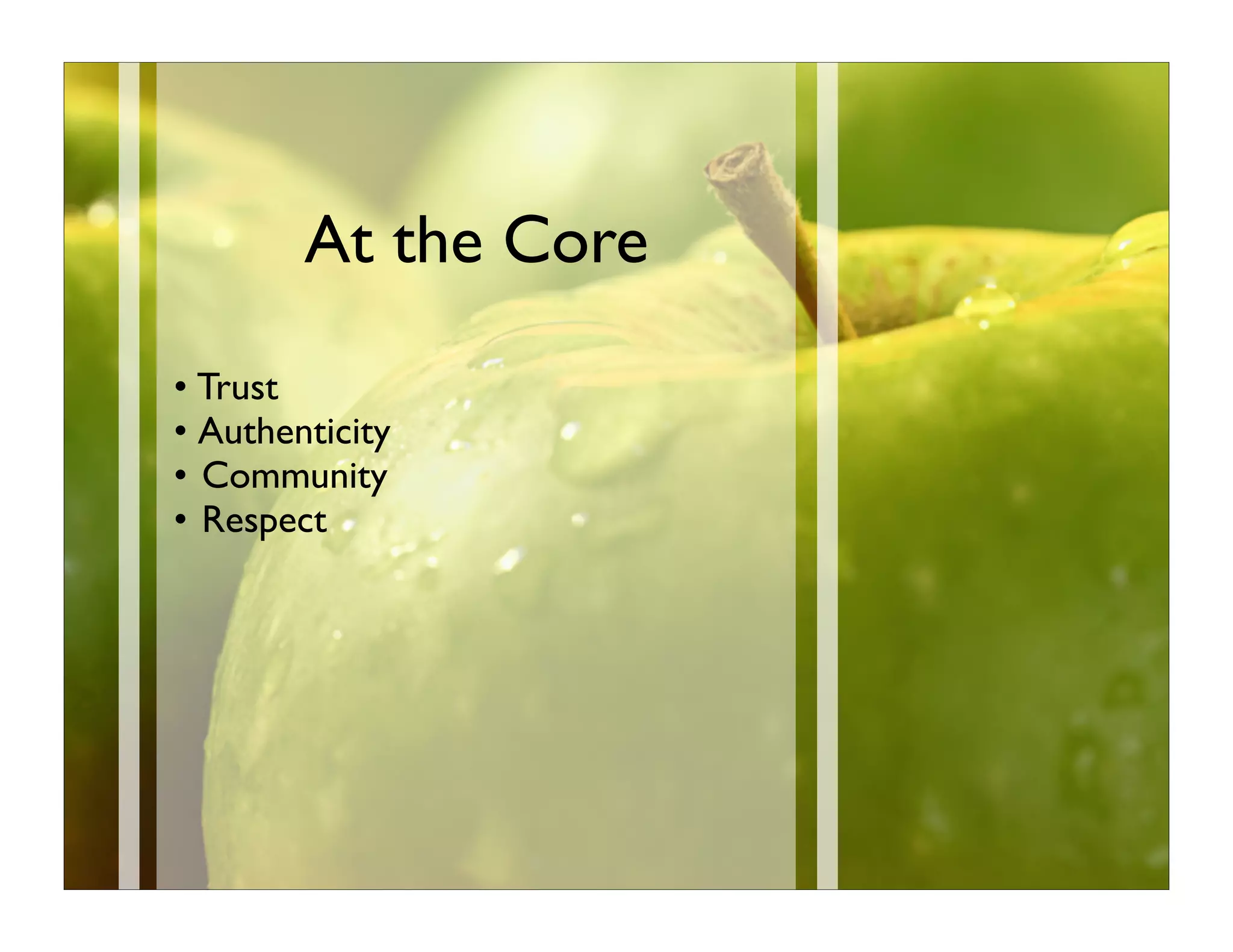 At the Core
• Trust
• Authenticity
• Community
• Respect
 