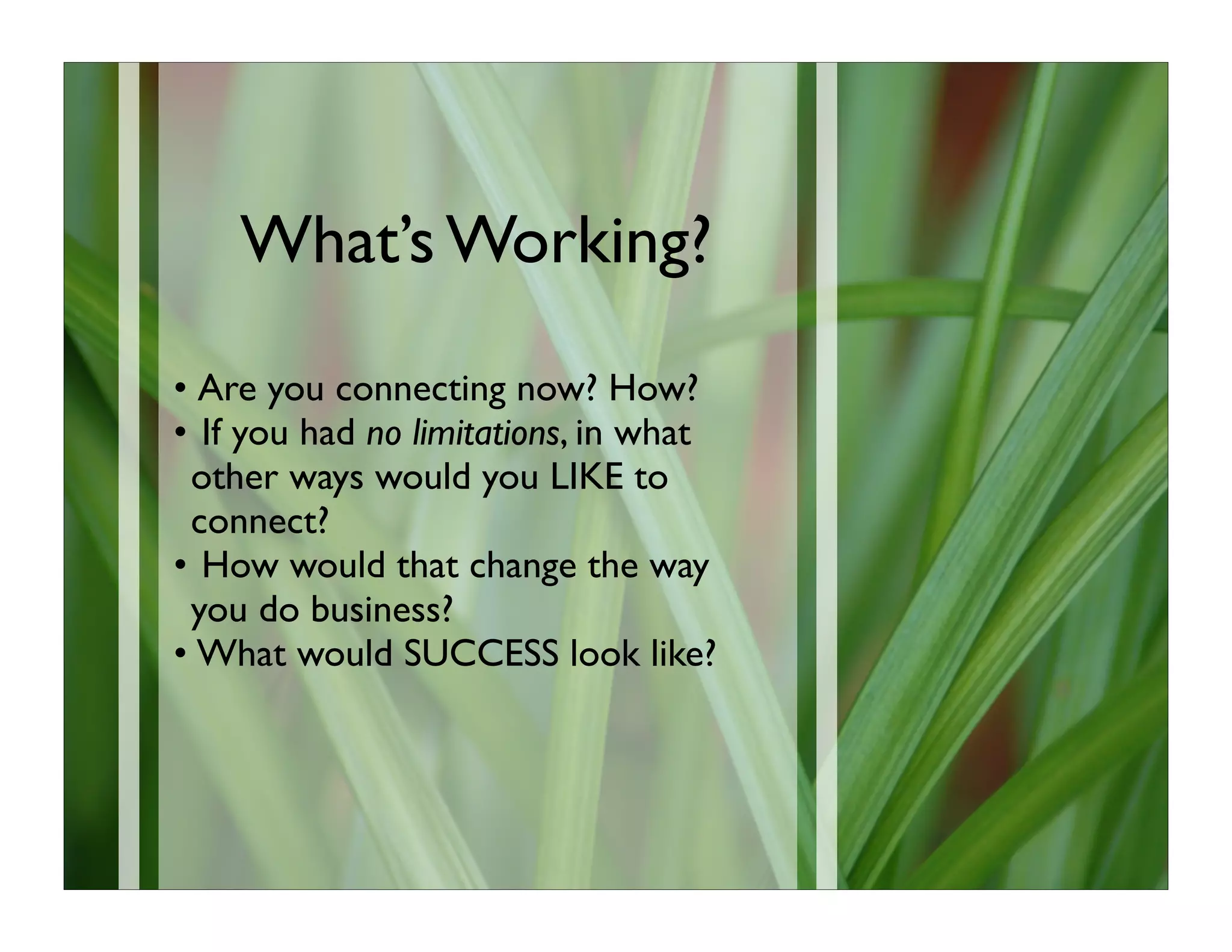 What’s Working?

• Are you connecting now? How?
• If you had no limitations, in what
 other ways would you LIKE to
 connect?
• How would that change the way
 you do business?
• What would SUCCESS look like?
 