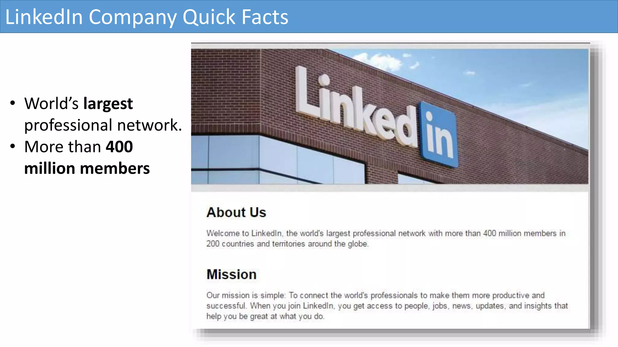 • World’s largest
professional network.
• More than 400
million members
LinkedIn Company Quick Facts
 