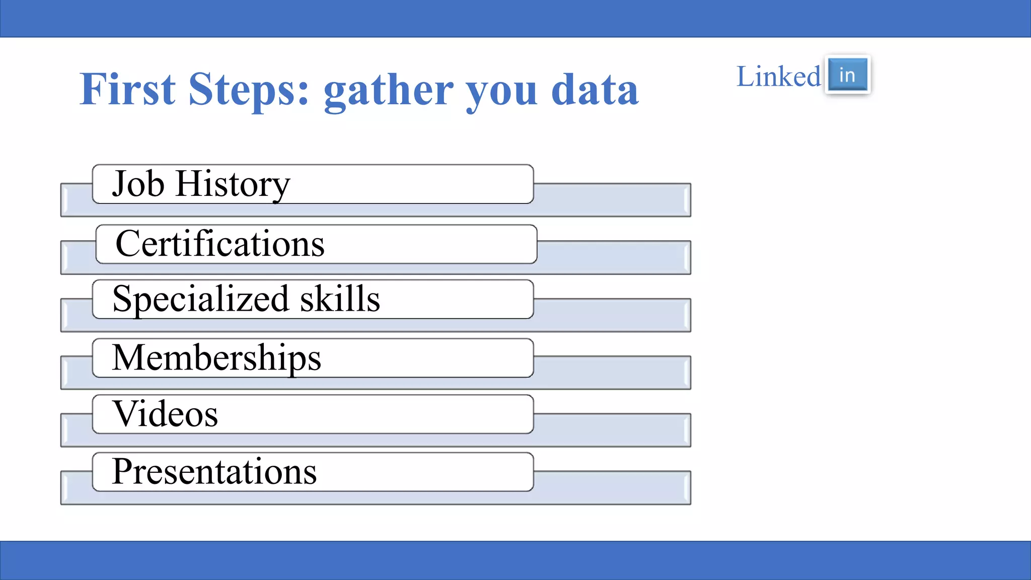 First Steps: gather you data Linked
Job History
Certifications
Specialized skills
Memberships
Videos
Presentations
 