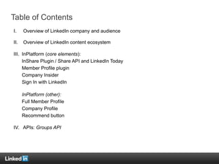 Table of Contents
I.    Overview of LinkedIn company and audience

II.   Overview of LinkedIn content ecosystem

III. InPl...