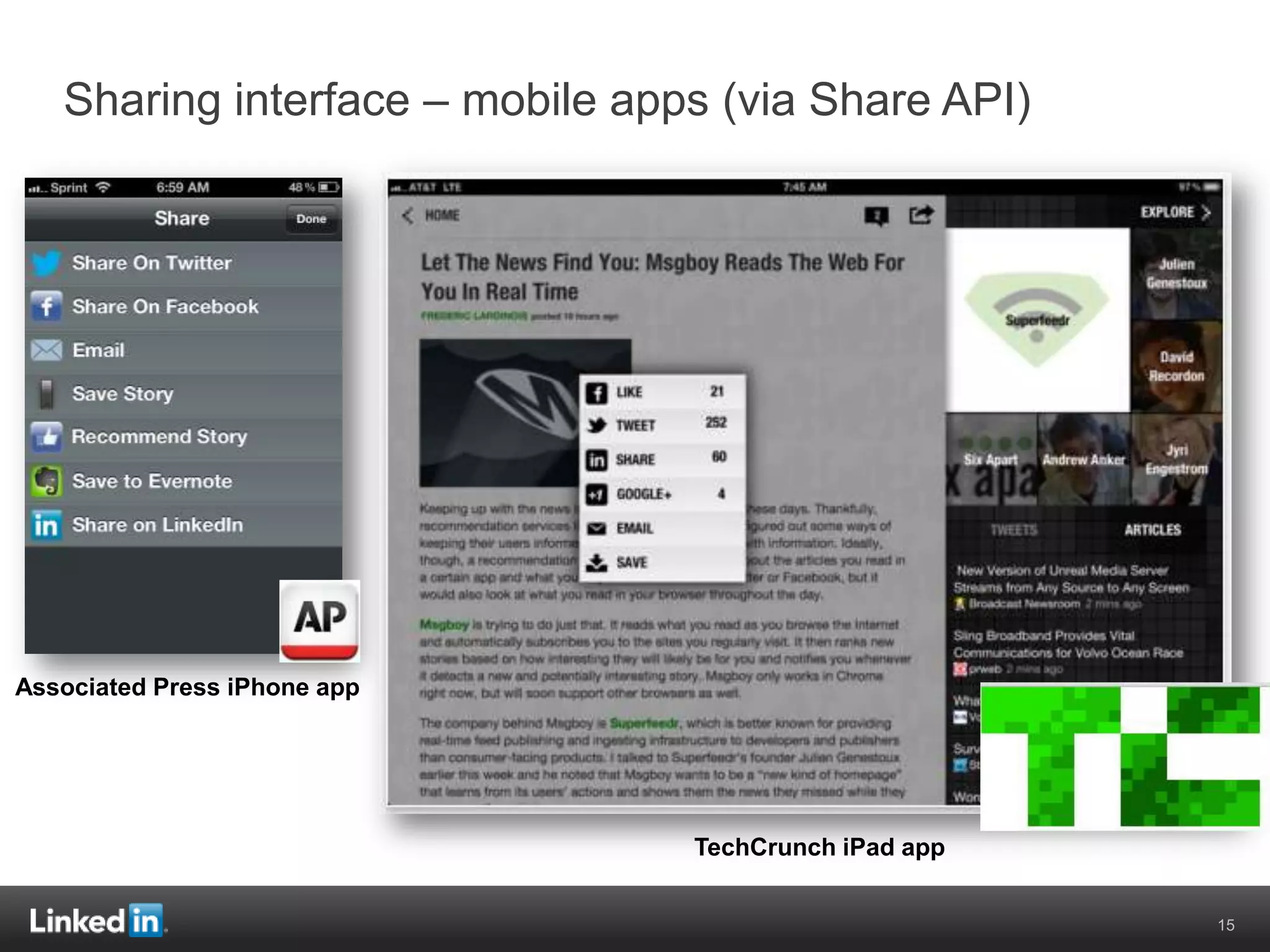 Sharing interface – mobile apps (via Share API)




Associated Press iPhone app




                                 TechCrunch iPad app


                                                       15
 
