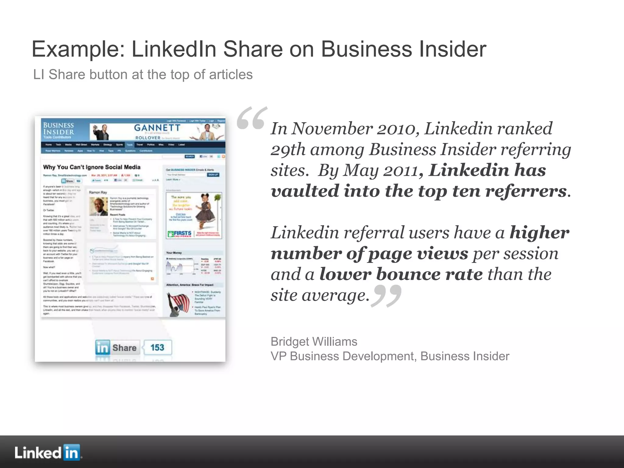 Example: LinkedIn Share on Business Insider
LI Share button at the top of articles




                                 “       In November 2010, Linkedin ranked
                                         29th among Business Insider referring
                                         sites. By May 2011, Linkedin has
                                         vaulted into the top ten referrers.

                                         Linkedin referral users have a higher
                                         number of page views per session
                                         and a lower bounce rate than the


                                                        ”
                                         site average.

                                         Bridget Williams
                                         VP Business Development, Business Insider
 