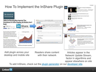 How To Implement the InShare Plugin
To add InShare, check out the plugin generator on our developer site.
Add plugin across your
desktop and mobile site
Readers share content
with their network
Articles appear in the
Network Update Stream,
factor in algorithms and
appear elsewhere on site
8
 