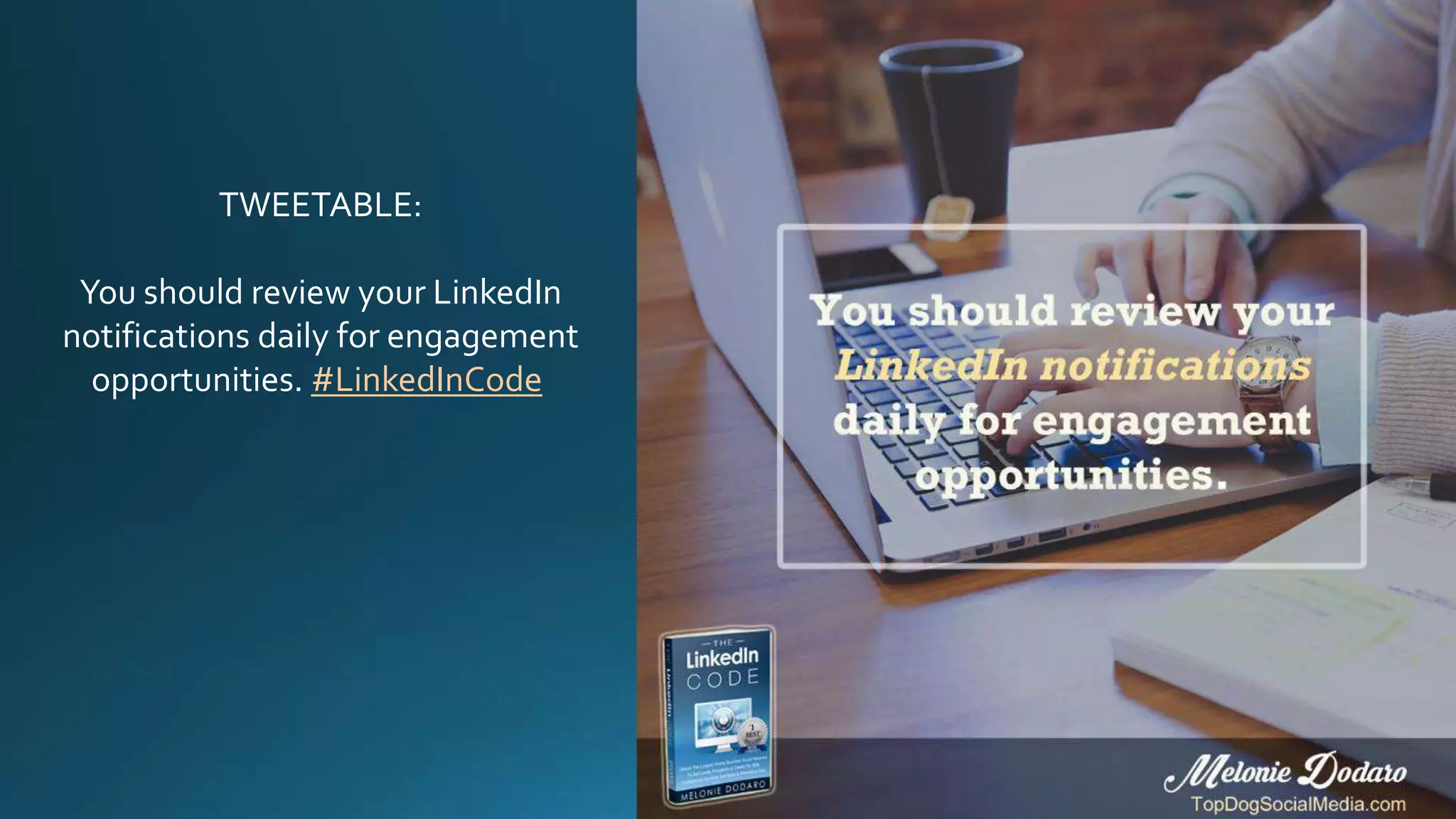 TWEETABLE:
You should review your LinkedIn
notifications daily for engagement
opportunities. #LinkedInCode
 