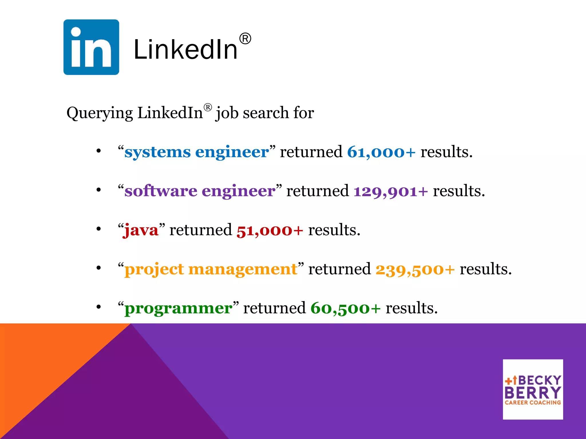 LinkedIn
®
Querying LinkedIn
®
job search for
• “systems engineer” returned 61,000+ results.
• “software engineer” returned 129,901+ results.
• “java” returned 51,o00+ results.
• “project management” returned 239,500+ results.
• “programmer” returned 60,500+ results.
 