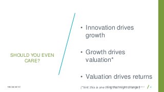 CC Attribution-NonCommercial-ShareAlike License 4
SHOULD YOU EVEN
CARE?
• Innovation drives
growth
• Growth drives
valuation*
• Valuation drives returns
(*hint: this is one thing that might change!)
 