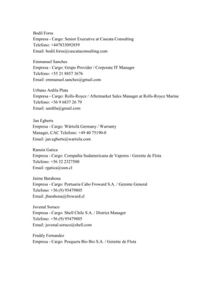 Bodil Forss
Empresa - Cargo: Senior Executive at Cascata Consulting
Telefono: +447833092859
Email: bodil.forss@cascataconsulting.com
Emmanuel Sanches
Empresa - Cargo: Grupo Provider / Corporate IT Manager
Telefono: +55 21 8857 3676
Email: emmanuel.sanches@gmail.com
Urbano Ardila Plata
Empresa - Cargo: Rolls-Royce / Aftermarket Sales Manager at Rolls-Royce Marine
Telefono: +56 9 6837 26 79
Email: uardila@gmail.com
Jan Egberts
Empresa - Cargo: Wärtsilä Germany / Warranty
Manager, CAC Telefono: +49 40 75190-0
Email: jan.egberts@wartsila.com
Ramón Gatica
Empresa - Cargo: Compañía Sudamericana de Vapores / Gerente de Flota
Telefono: +56 32 2327500
Email: rgatica@ssm.cl
Jaime Barahona
Empresa - Cargo: Portuaria Cabo Froward S.A. / Gerente General
Telefono: +56 (9) 95479805
Email: jbarahona@froward.cl
Juvenal Soruco
Empresa - Cargo: Shell Chile S.A. / District Manager
Telefono: +56 (9) 95479805
Email: juvenal.soruco@shell.com
Freddy Fernandez
Empresa - Cargo: Pesquera Bio Bio S.A. / Gerente de Flota
 