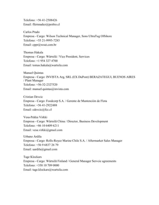 Telefono: +56 41-2508426
Email: ffernnadez@pesbio.cl
Carlos Prado
Empresa - Cargo: Wilson Technical Manager, Sons UltraTug Offshore
Telefono: +55 21-9995-7283
Email: cppr@wsut.com.br
Thomas Hakala
Empresa - Cargo: Wärtsilä / Vice President, Services
Telefono: +1 954 327 4700
Email: tomas.hakala@wartsila.com
Manuel Quintas
Empresa - Cargo: INVISTA Arg, SRL (EX DuPont) BERAZATEGUI, BUENOS AIRES
/ Plant Manager
Telefono: +56-32-2327520
Email: manuel.quintas@invista.com
Cristian Devcic
Empresa - Cargo: Foodcorp S.A. / Gerente de Mantención de Flota
Telefono: +56 41-2922488
Email: cdevcic@fcc.cl
Vesa-Pekka Virkki
Empresa - Cargo: Wärtsilä China / Director, Business Development
Telefono: +86 10 6409 6211
Email: vesa.virkki@gmail.com
Urbano Ardila
Empresa - Cargo: Rolls-Royce Marine Chile S.A. / Aftermarket Sales Manager
Telefono: +56 9 6837 26 79
Email: uardila@gmail.com
Tage Klockars
Empresa - Cargo: Wärtsilä Finland / General Manager Servcie agreements
Telefono: +358 10 709 0000
Email: tage.klockars@wartsila.com
 