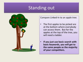 Standing out
Compare Linked-In to an apple tree.
• The first apples to be picked are
at the bottom where everybody
can access them. But for the
apples at the top of the tree, you
will need a ladder.
• If you just use basic search with
basic keywords, you will get to
the same people as the majority
of your competitors.
 