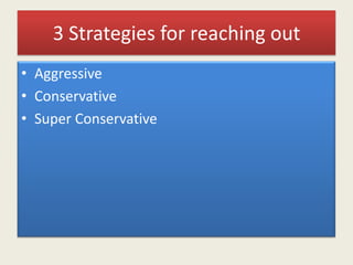 3 Strategies for reaching out
• Aggressive
• Conservative
• Super Conservative
 