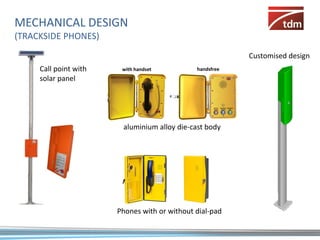MECHANICAL DESIGN
(TRACKSIDE PHONES)
                                                          Customised design
     Call point with    with handset          handsfree
     solar panel




                        aluminium alloy die-cast body




                       Phones with or without dial-pad
 