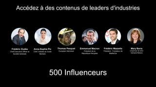 Accédez à des contenus de leaders d'industries
500 Influenceurs
Frédéric Mazzella
Président - Fondateur de
BlaBlaCar
Mary Barra
Chairman & CEO
General Motors
Emmanuel Macron
Président de la
République française
Anne-Sophie Pic
Chef 3 étoiles au Guide
Michelin
Thomas Pesquet
European Astronaut
Frédéric Oudéa
Chief Executive Officer at
Société Générale
 