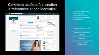 Comment accéder à la section
“Préférences et confidentialité”
Options de vues de profil
Partager les modifications
du profil
Abonnés
Voici quelques options
que nous vous
recommandons de
consulter et de modifier
si nécessaire.
Personnaliser l’URL
de son profil
 