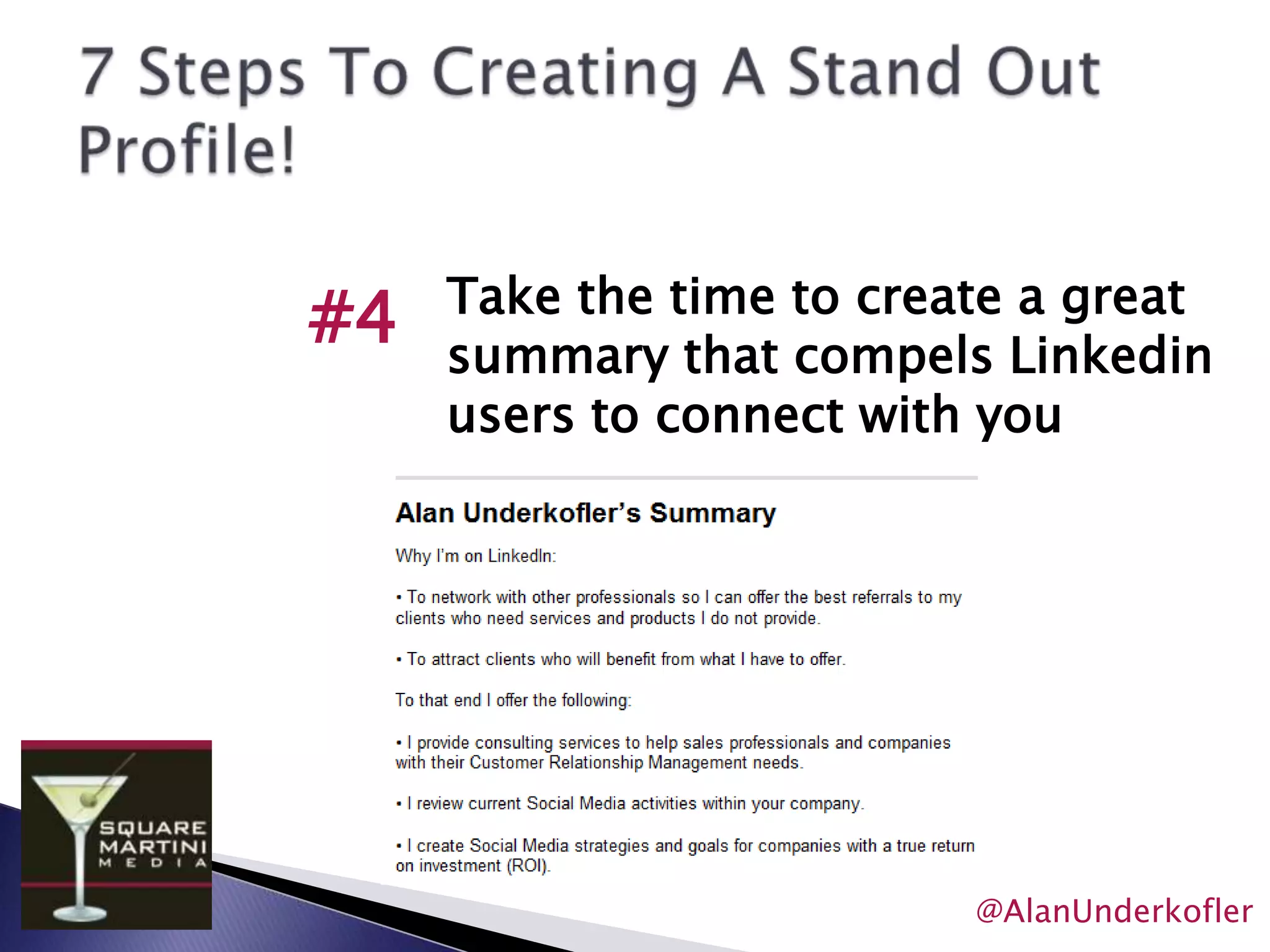 Top 5 Things I Want You to Leave Remembering about LinkedIn!Linkedin can and will bring you businessYou can establish yourself as a thought leader on LinkedIn and raise your credibility with a time commitment as little as one hour per monthAll Social Networks are Not Created EqualLinkedIn Groups and Questions/Answers are a potential gold mind of business prospects, potential employees, and business partnersIf you give on LinkedIn, you will receive@AlanUnderkofler