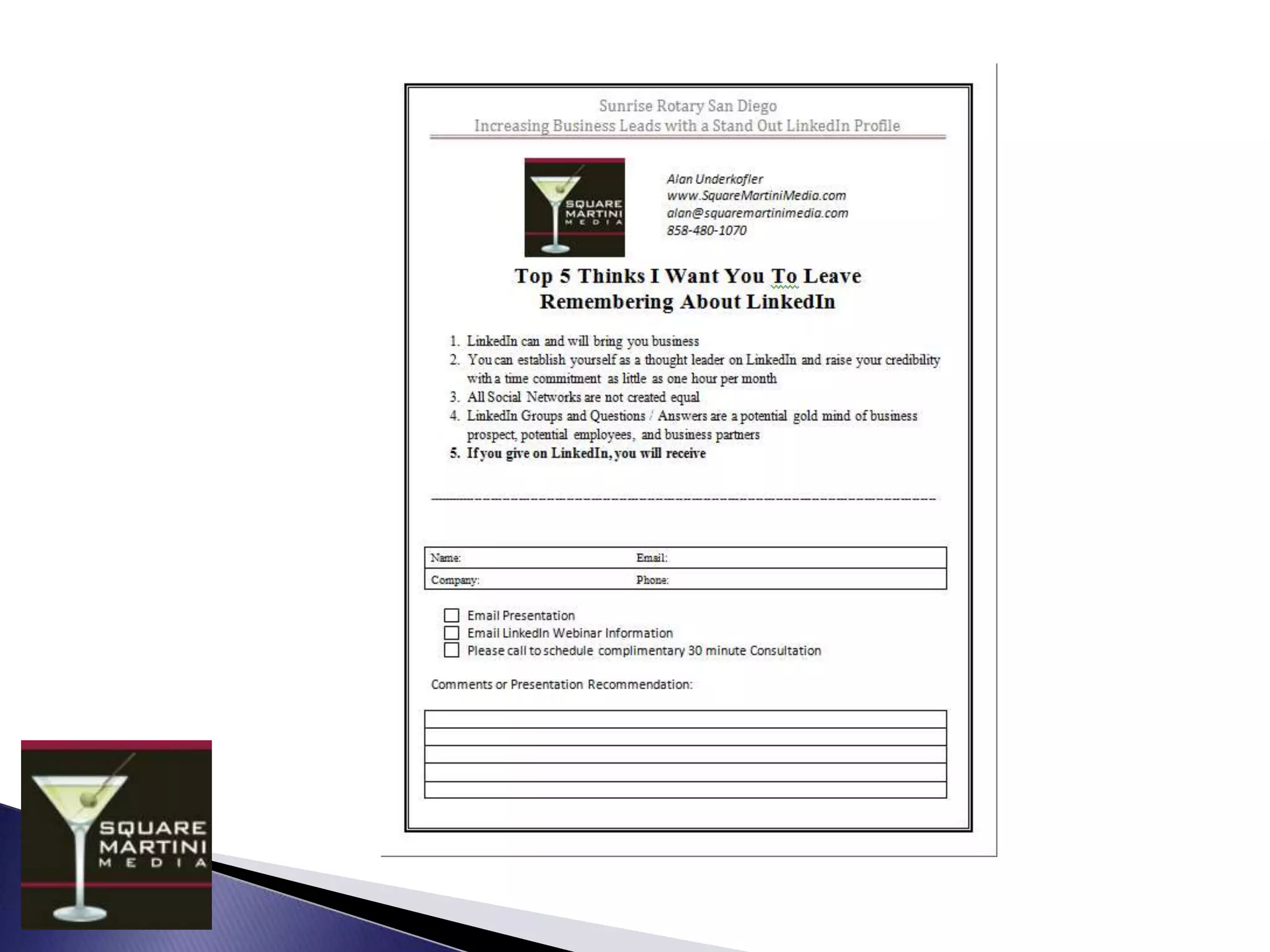 7 Steps To Creating A Stand Out Profile!Take the time to create a great summary that compels Linkedin users to connect with youUse a professional picture and create a great headline#4 #1 Use keywords and phrases throughout your profile especially in your specialties Add all current and past positions as well as education#2 #5 Include your websites and blog using brand titlesComplete your contact settings, personal information, and groups#3 #6 You Must Grow Your Recommendations!#7 @AlanUnderkofler