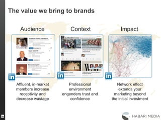 The value we bring to brands
Audience
Affluent, in-market
members increase
receptivity and
decrease wastage
Context
Professional
environment
engenders trust and
confidence
Impact
Network effect
extends your
marketing beyond
the initial investment
 