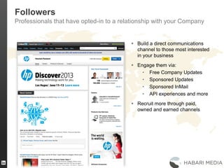 25
Followers
Professionals that have opted-in to a relationship with your Company
 Build a direct communications
channel to those most interested
in your business
 Engage them via:
• Free Company Updates
• Sponsored Updates
• Sponsored InMail
• API experiences and more
 Recruit more through paid,
owned and earned channels
 