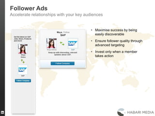 26
Follower Ads
Accelerate relationships with your key audiences
 Maximise success by being
easily discoverable
 Ensure follower quality through
advanced targeting
 Invest only when a member
takes action
 