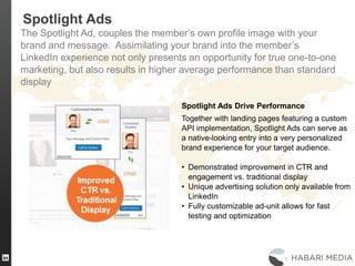 27
Spotlight Ads
The Spotlight Ad, couples the member’s own profile image with your
brand and message. Assimilating your brand into the member’s
LinkedIn experience not only presents an opportunity for true one-to-one
marketing, but also results in higher average performance than standard
display
Spotlight Ads Drive Performance
Together with landing pages featuring a custom
API implementation, Spotlight Ads can serve as
a native-looking entry into a very personalized
brand experience for your target audience.
• Demonstrated improvement in CTR and
engagement vs. traditional display
• Unique advertising solution only available from
LinkedIn
• Fully customizable ad-unit allows for fast
testing and optimization
 