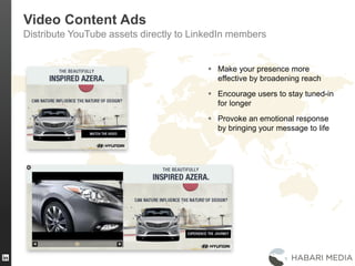34
Video Content Ads
Distribute YouTube assets directly to LinkedIn members
 Make your presence more
effective by broadening reach
 Encourage users to stay tuned-in
for longer
 Provoke an emotional response
by bringing your message to life
 