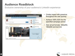 36
Audience Roadblock
Exclusive ownership of your audience’s LinkedIn experience
 Create impact with presence
throughout the user journey
 Achieve 100% SOV for the
specified campaign period
 Own all ad formats: 300x250,
160x600 and text link
 