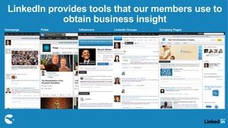 Homepage Pulse Influencers LinkedIn Groups Company Pages
LinkedIn provides tools that our members use to
obtain business insight
 