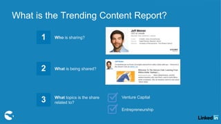 1 Who is sharing?
2 What is being shared?
3 What topics is the share
related to?
Venture Capital
Entrepreneurship
What is the Trending Content Report?
 