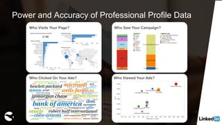 Power and Accuracy of Professional Profile Data
Who Visits Your Page? Who Saw Your Campaign?
Who Clicked On Your Ads? Who Viewed Your Ads?
 