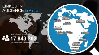 LINKED IN
AUDIENCE in Africa
17 849 303
professionals present on LinkedIn
AUDIENCE TOTAL
1 006 622
Algeria
Egypt
1 153 300
Morocco
1 150 506
Kenya
4 322 931
South Africa
572 539
Tunisia
2 214 715
Nigeria
372 904
Tanzania
306 951
Zimbabwe
145,950
Senegal
1 720 403
700 863
Ghana
 