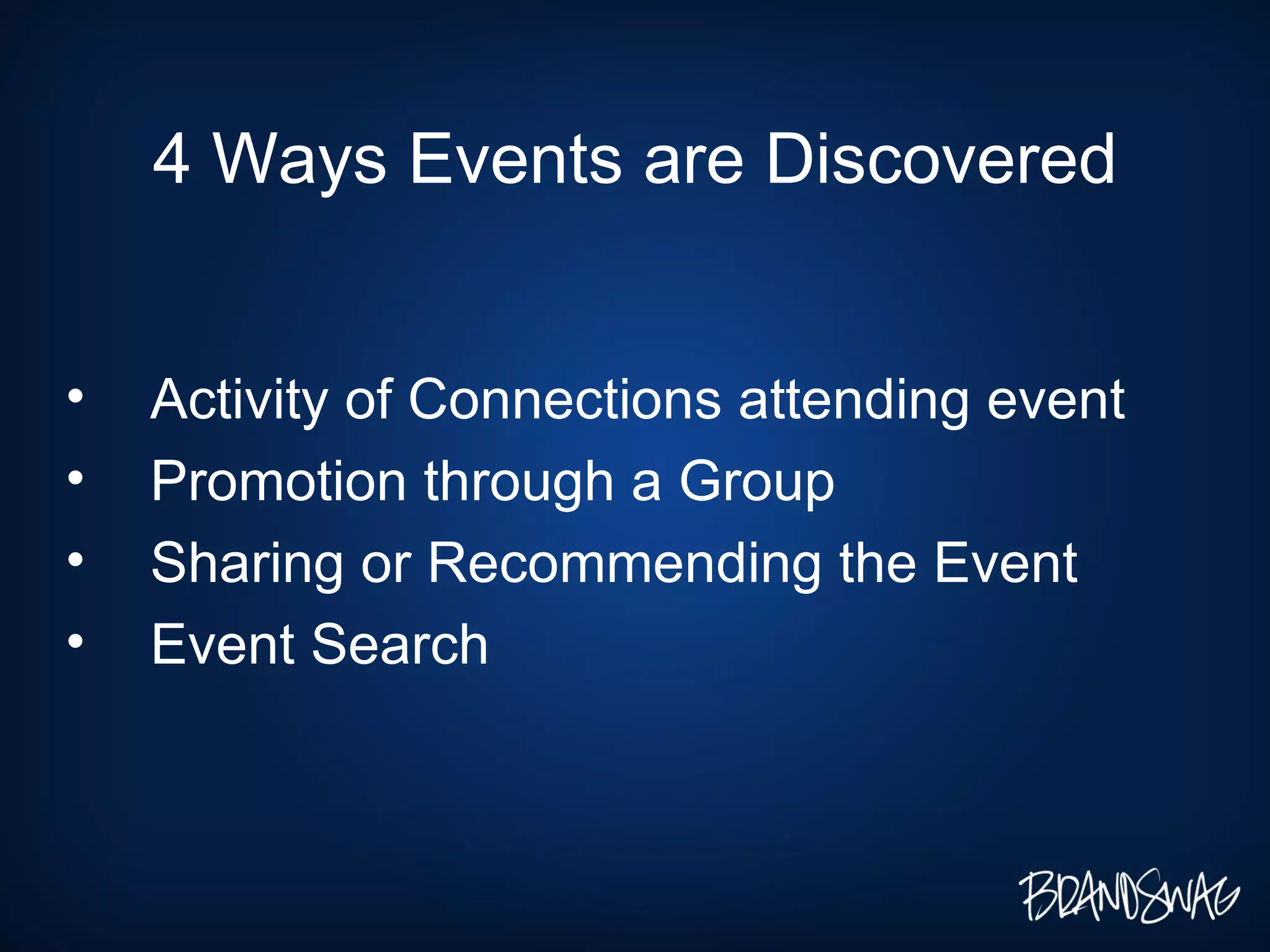 4 Ways Events are Discovered Activity of Connections attending event Promotion through a Group Sharing or Recommending the Event Event Search