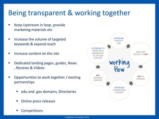 Being transparent & working together
   Keep Upstream in loop, provide
        Identify link for homepage or editorial page
    marketing materials etc
         Provide details via email for approval
   IncreaseLink Page Title
           •
               the volume of targeted address
                                    • IP
                                                                                             UPSTREAM
                                                                                              IDENTIFY
                                                                                                LINK
    keywords & expand reach
           • Link Page URL          • Anchor text
             • Home PR (Google PR)             • Target URL
                                                                               UPSTREAM TO
             • Age of Domain (WHOIS records)                                    WORK WITH
                                                                                                            SEND LINK
   Increase content on the site                                               WEBMASTER
                                                                                TO UPLOAD
                                                                                                          DETAILS TO APT
                                                                                 CONTENT

   Dedicated landing pages, guides, News
           • Commission copy for content page / widget
           • Copy then sent to client to review and approve
    , Reviews & Videos
                                                                                  APT
   Opportunities linkswork together / existing
        Homepage to                                                            APPROVE
                                                                                                             APT TO
                                                                                                            APPROVE
          • Work with                                                           CONTENT
    partnerships webmaster on uploading Homepage link
                                                                                              UPSTREAM
                                                                                             COMMISSION
      edu and .gov domains, Directories
          Email when link/page uploaded                                                       CONTENT



      Online press releases
         Provide overview in monthly report

      Competitions
                                                © Upstream Connections 2009
                                                       © Essence 2005 - 2011
                                                                        2012
 