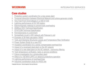 INTEGRATED SERVICES

Case studies
1. Protection system coordination for a new power plant
2. Torsional interaction between Electrical Network and turbine-generator shafts
3. Very Fast Front Overvoltages in a 400 kV GIS
4. Lightning performance of HV GIS station
5. Electromagnetic redesign to prevent tank overheating
6. 250Mvar SVC Technical Specification
7. STATCOM Technical Specification
8. Ferroresonance in a wind farm
9. Sympathetic inrush in MV network with Petersen’s coil
10. Example of 3D field calculation 765kV
11. Tank and Clamping Structures Losses and Temperature Rise Verification
12. Power System Study for a new PST
13. Insulation coordination for a series compensated overhead line
14. Impact of a revamped steel plant on the AC network
15. Impact of a new steel plant on the AC network - harmonics filtering
16. Tank temperature verification, tests vs service conditions
17. Failure investigation for a photovoltaic plant
18. Effect of a 100 MVA UPFC on distance protections operation
19. Lightning performance of overhead lines
20. Inductive coordination study for HVDC link
Integrated Services / Electromagnetic Services/General                             22
 