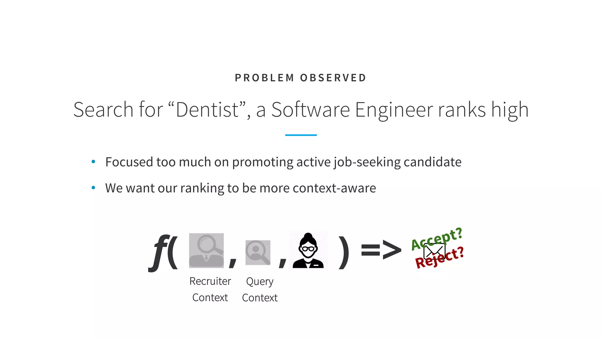 Search for “Dentist”, a Software Engineer ranks high
P R O B L E M O B S E R V E D
• Focused too much on promoting active job-seeking candidate
• We want our ranking to be more context-aware
f( , , ) => Accept?
Reject?
Recruiter
Context
Query
Context
 