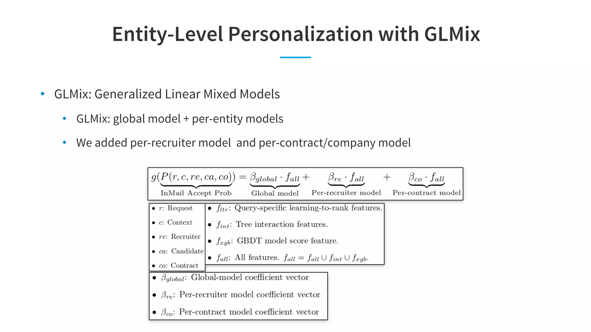 Entity-Level Personalization with GLMix
• GLMix: Generalized Linear Mixed Models
• GLMix: global model + per-entity models
• We added per-recruiter model and per-contract/company model
 